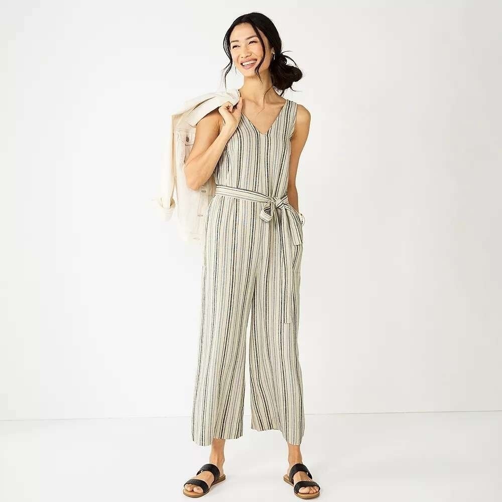 Sonoma Striped Jumpsuit Wide Leg Sleeveless Casual Summer Size L‎